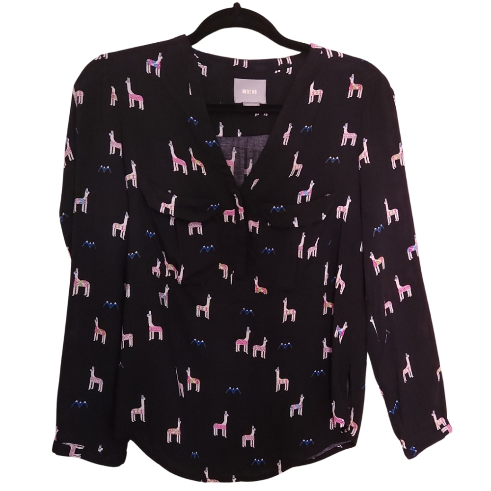 Maeve Llama Print Pullover Henley Black Sz 0P Fun Workwear Office Anthropologie